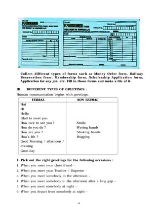 4
. Collect different types of forms such as Money Order form, Railway
Reservation form, Membership form, Scholarship Application form,
Application for any job. etc. Fill in those forms and make a file of it.
III. DIFFERENT TYPES OF GREETINGS :
Human communication begins with greetings.
VERBAL NON VERBAL
Hai
Hi
Hello
Glad to meet you
How nice to see you ! Smile
How do you do ? Waving hands
How are you ? Shaking hands
How’s life ? Hugging
Good Morning / afternoon /
evening
Good day
1. Pick out the right greetings for the following occasions :
1. When you meet your close friend -
2. When you meet your Teacher / Superior –
3. When you meet somebody in the afternoon –
4. When you meet somebody in the afternoon after a long gap –
5. When you meet somebody at night –
6. When you depart from somebody at night –
 