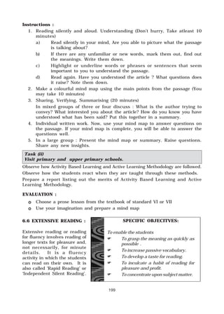 199
Extensive reading or reading
for fluency involves reading of
longer texts for pleasure and,
not necessarily, for minute
details. It is a fluency
activity in which the students
can read on their own. It is
also called ‘Rapid Reading’ or
‘Independent Silent Reading’.
SPECIFIC OBJECITVES:
To enable the students
""""" To grasp the meaning as quickly as
possible .
""""" To increase passive vocabulary.
""""" To develop a taste for reading.
""""" To inculcate a habit of reading for
pleasure and profit.
""""" To concentrate upon subject matter.
Instructions :
1. Reading silently and aloud. Understanding (Don’t hurry, Take atleast 10
minutes)
a) Read silently in your mind, Are you able to picture what the passage
is talking about?
b) If there are any unfamiliar or new words, mark them out, find out
the meanings. Write them down.
c) Highlight or underline words or phrases or sentences that seem
important to you to understand the passage.
d) Read again. Have you understood the article ? What questions does
it raise? Note them down.
2. Make a colourful mind map using the main points from the passage (You
may take 10 minutes)
3. Sharing, Verifying, Summarising (20 minutes)
In mixed groups of three or four discuss : What is the author trying to
convey? What interested you about the article? How do you know you have
understood what has been said? Put this together in a summary.
4. Individual written work. Now, use your mind map to answer questions on
the passage. If your mind map is complete, you will be able to answer the
questions well.
5. In a large group : Present the mind map or summary. Raise questions.
Share any new insights.
Task (ii)
Visit primary and upper primary schools.
Observe how Activity Based Learning and Active Learning Methodology are followed.
Observe how the students react when they are taught through these methods.
Prepare a report listing out the merits of Activity Based Learning and Active
Learning Methodology.
EVALUATION :
%%%%% Choose a prose lesson from the textbook of standard VI or VII
%%%%% Use your imagination and prepare a mind map
6.6 EXTENSIVE READING :
 