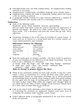 214
$$$$$ Prescribed books have very little reading matter. So supplementary reading
material is necessary.
$$$$$ Supplementary reading helps consolidate language items already learnt.
$$$$$ Supplementary reading also helps in developing reading speed and fosters
a love for reading in general.
$$$$$ A paragraph usually consists of a topic sentence followed by a number of
related sentences and usually ends in a concluding statement.
Exploration:
$$$$$ Look at the following words:
Handsome, pretty, lovely, beautiful, attractive, good-looking
Did you notice that these words are used to describe the appearance of
persons and things? We need to be a little careful, however, when we use
these words. Use a dictionary and write the nouns that go with these
adjectives.
****
$$$$$ Vocabulary teaching is one of the steps in teaching of a prose lesson. A
word used out of context or a wrong word used in a certain context can
cause misinterpretation and confusion.
Differentiate between the following:
appreciate - appreciable
disinterested - uninterested
each other - one another
questionable - questioning
rise - raise
majority - plurality
****
$$$$$ Read the words given in clusters carefully. Use these words in sentences
of your own bringing out the differences in the shade of meaning. You may
have to use a dictionary or a thesaurus.
a) broad / large /big /huge / vast /tall /high /long /lengthy / maximum.
b) small /tiny / puny / short / low /concise / minimum /little /
miniature / slight / mini / minor.
Make an attempt to prepare clusters like these.
****
$$$$$ Think of any continuous writing you have read recently. It may be a news
report, a story, a commentary or a review. All these come under prose as
against poems. Poems are expressions of feelings, joy or sorrow presented
in acknowledge forms or stanzas. Prose writing is easier than poetry making.
Do you agree with the steps of teaching prose? Can you make changes in
the order of these steps? What makes you suggest such changes? What do
you think will be the effect of these changes in the learners? Should there
be a strict order of steps? Why do you think so?
****
$$$$$ Look at the step-6 under planning a prose lesson in sub-topic-4. Two ways
of evaluating the students are suggested. Explore some more ways of
evaluating the students while teaching a prose lesson.
****
$$$$$ Collect different kinds of paragraphs mentioned in the unit from various
books and journals.
****
 