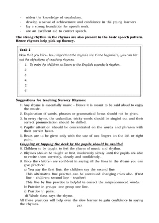 217
- widen the knowledge of vocabulary.
- develop a sense of achievement and confidence in the young learners
- lay a strong foundation for speech work.
- are an excellent aid to correct speech.
The strong rhythm in the rhymes are also present in the basic speech pattern.
Hence rhymes help pick up fluency.
Suggestions for teaching Nursery Rhymes:
1. Any rhyme is essentially music – Hence it is meant to be said aloud to enjoy
the music.
2. Explanation of words, phrases or grammatical forms should not be given.
3. In every rhyme, the unfamiliar, tricky words should be singled out and their
correct pronunciation should be drilled.
4. Pupils’ attention should be concentrated on the words and phrases with
their correct beats.
5. Beats are to be given only with the use of two fingers on the left or right
palm.
Clapping or tapping the desk by the pupils should be avoided.
6. Children to be taught to feel the charm of music and rhythm.
7. Rhymes should be taught at first, moderately slowly until the pupils are able
to recite them correctly, clearly and confidently.
8. Once the children are confident in saying all the lines in the rhyme you can
give practice:
a) You say the first line; the children say the second line.
This alternative line practice can be continued changing roles also. (First
line - children; second line - teacher)
This line by line practice is helpful to correct the mispronounced words.
b) Practice in groups- one group one line.
c) Practice in pairs:
d) Whole class says the rhyme.
All these practices will help even the slow learner to gain confidence in saying
the rhymes.
 