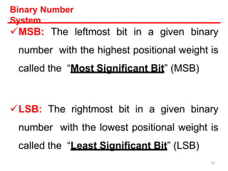 MSB: The leftmost bit in a given binary
number with the highest positional weight is
called the “Most Significant Bit” (MSB)
LSB: The rightmost bit in a given binary
number with the lowest positional weight is
called the “Least Significant Bit” (LSB)
Binary Number
System
12
 
