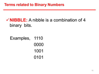 Examples, 1110
0000
1001
0101
Terms related to Binary Numbers
NIBBLE: A nibble is a combination of 4
binary bits.
15
 