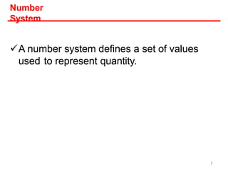 Number
System
A number system defines a set of values
used to represent quantity.
2
 