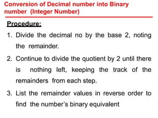 Conversion of Decimal number into Binary
number (Integer Number)
Procedure:
1. Divide the decimal no by the base 2, noting
the remainder.
2. Continue to divide the quotient by 2 until there
is nothing left, keeping the track of the
remainders from each step.
3. List the remainder values in reverse order to
find the number’s binary equivalent
 