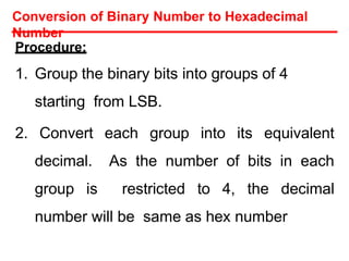 Procedure:
1. Group the binary bits into groups of 4
starting from LSB.
2. Convert each group into its equivalent
decimal. As the number of bits in each
group is restricted to 4, the decimal
number will be same as hex number
Conversion of Binary Number to Hexadecimal
Number
 