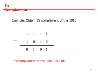 1’s
Complement
Example: Obtain 1’s complement of the 1010
1 1 1 1
1 0 1 0
0 1 0 1
1’s complement of the 1010 is 0101
80
 