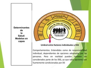 Determinantes
de
la
Salud:
Modelos en
capas
Umbral entre factores individuales y DSS
Comportamientos: Entendidos como de responsabilidad
individual, dependientes de opciones adoptadas por las
personas. Pero en realidad pueden también ser
considerados parte de los DSS, ya que tales opciones son
fuertemente condicionadas por DS
 