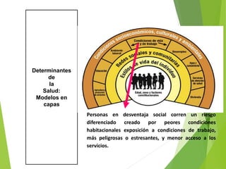 Determinantes
de
la
Salud:
Modelos en
capas
Personas en desventaja social corren un riesgo
diferenciado creado por peores condiciones
habitacionales exposición a condiciones de trabajo,
más peligrosas o estresantes, y menor acceso a los
servicios.
 