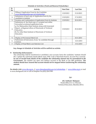 3
Schedule of Activities ( Fresh and Renewal Schoalrship )
Sr.
No
Activity Start Date Last Date
1.
Filling of Application Form by the Candidate
www.dtemaharashtra.gov.in/scholarships
15.09.2013 15.10.2013
2.
Submission of hard copy of Application form by the
candidate to institute
15.09.2013 17.10.2013
3. Scrutiny and Confirmation of Application Form by Institute 15.09.2013 20.10.2013
4.
Submission of the Hard copy of accepted and online
forwarded scrutinized application form,
a. For Maharashtra State Institute along with Generated
Report at Regional offices of Directorate of Technical
Education.
b. For other State Institute to Directorate of Technical
Education.
15.09.2013 25.10.2013
5. Display of Provisional Merit List - 10.11.2013
6.
Submission of Grievances, if any by candidate through
institute.
- 12.11.2013
7. Display of Final Merit cum Selection List - 15.11.2013
Any changes in Schedule of Activities will be notified on website.
Scholarship disbursement :
The scholarship shall be transferred in candidate’s own account; hence the candidate/ institute should
fill / update the valid bank details (Bank name, IFSC Code of that bank branch, Account No.) correctly.
In case of invalid bank details of the candidate the scholarship amount may be surrendered to the
Government. The student can open zero balance account in the Bank as per RBI guidelines. The
student should have insured that account should not be stopped before transferring the scholarship
amount.
For details visit: www.dte.org.in / www.dtemaharashtra.gov.in/scholarships / www.dirhe.org.in or mail
to mcm.dte@gmail.com or call on Helpline No.(022) 22617969.
Sd/-
(Dr. Subhash Mahajan)
Nodal Officer & I/c Director,
Technical Education, Mumbai (M.S.)
 