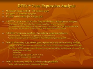 DTExtm Gene Expression Analysis
    Microarray based method - 768 element array


    145 genes - 4 elements per gene

    12 grids - 64 elements [16 x 4] per grid



    All DTExtm genes are involved in drug metabolism, conjugation or transport

      * interrogate for both reported and unreported drug effects on gene expression
      * investigate coordinate regulation of gene expression, protein expression and functional activity
      * all genes are RefSeq entries verified by NCBI with published literature history

    All DTExtm genes are members of coordinate regulatory pathways

      * internal control for induction or suppression of gene expression
      * control for drug selectivity or specificity in the modulation of gene expression

    DTExtm microarray is an ADME gene expression survey and screening method

      * analysis of ADME gene expression signature(s) for cell or cell line characterisation and comparison
      * analysis of ADME gene expression signature(s) and associated effects in drug treated cells or cell lines
           - isogenic cancer cell lines
           - hepatocytes
           - tissue surrogates [HepaRG, Fa2N-4, etc.]
           - tissues [liver, kidney, brain, eye, etc.]

    DTExtm microarray analysis is reliable and reproducible

      * either biological replicates or experimental replicates
 