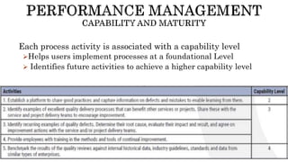 Each process activity is associated with a capability level
Helps users implement processes at a foundational Level
 Identifies future activities to achieve a higher capability level
 