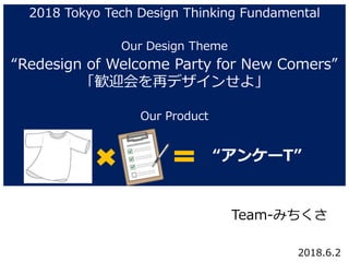 2018 Tokyo Tech Design Thinking Fundamental
“Redesign of Welcome Party for New Comers”
「歓迎会を再デザインせよ」
Our Design Theme
Team-みちくさ
Our Product
“アンケーT”
2018.6.2
 