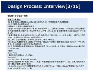 Design Process: Interview[3/16]
学生 23歳 男性
Q1. 最近参加した歓迎会はどのようなものでしたか? ・研究室の新入生の歓迎会
-30 人を超える大規模なもの
-半数以上は留学生 塩谷君の感想
・予想していたものと全く違った. -事前に知り合いがいて，”荒れる”飲み会になると思っていた.(うわさ:
研究室の皆お酒が強い(?)，”ねじが外れた”人が多い(?)...など) -塩谷君はお酒があまり強くないから助
かった.
・準備を留学生と半強制的にやらされたが，仲良くなれて逆によかった. ・人数が多く，一度グループが
できてしまうと割って入るのは大変だと思った.
-何人かは自分が行く前に相手から話しかけてくれてよかった.
-なにかしら共通部分があると話しやすくなる. ・自己紹介の時に，世界地図があるのがユニークだった ‐
各自，自分の出身について話すときに使った
Q2. 今回の歓迎会の満足度は 100 点満点中何点でしたか?点数とその理由 ・点数は 85/100 (楽しさだ
けだと 80/100)
(理由)
[Good Point]
・まあ全体的に楽しかったかなぁ..
[Bad Point]
・話しかけるのに勇気がいる人がいる
-留学生:英語があまり得意じゃない... -先生，博士課程の学生:年齢が離れているし，話すような知識が
ない (難しい話をしなきゃ感(?))
・話せかなった人→「どうせ研究室同じだしそのうち話すでしょ」 ・”激しい飲み会”を期待していたので，
エクストリーム感がなかった(笑)
その他インタビュー結果
 