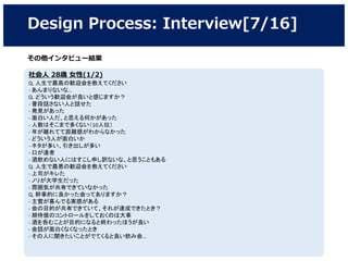 Design Process: Interview[7/16]
社会人 28歳 女性(1/2)
Q. 人生で最高の歓迎会を教えてください
- あんまりないな…
Q. どういう歓迎会が良いと感じますか？
- 普段話さない人と話せた
- 発見があった
- 面白い人だ、と思える何かがあった
- 人数はそこまで多くない（10人位）
- 年が離れてて距離感がわからなかった
- どういう人が面白いか
- ネタが多い、引き出しが多い
- 口が達者
- 酒飲めない人にはすこし申し訳ないな、と思うこともある
Q. 人生で最悪の歓迎会を教えてください
- 上司がキレた
- ノリが大学生だった
- 雰囲気が共有できていなかった
Q. 幹事的に良かった会ってありますか？
- 主賓が喜んでる実感がある
- 会の目的が共有できていて、それが達成できたとき？
- 期待値のコントロールをしておくのは大事
- 酒を呑むことが目的になると終わったほうが良い
- 会話が面白くなくなったとき
- その人に聞きたいことがでてくると良い飲み会…
その他インタビュー結果
 