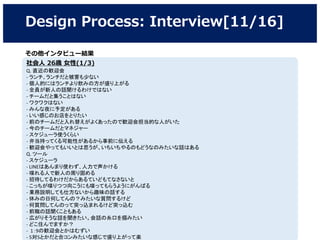 Design Process: Interview[11/16]
社会人 26歳 女性(1/3)
Q. 直近の歓迎会
- ランチ。ランチだと被害も少ない
- 個人的にはランチより飲みの方が盛り上がる
- 全員が新人の話聞けるわけではない
- チームだと集うことはない
- ワクワクはない
- みんな夜に予定がある
- いい感じのお店をとりたい
- 前のチームだと入れ替えがよくあったので歓迎会担当的な人がいた
- 今のチームだとマネジャー
- スケジューラ使うくらい
- 弁当持ってくる可能性があるから事前に伝える
- 歓迎会やってもいいとは思うが、いちいちやるのもどうなのみたいな話はある
Q. ツール
- スケジューラ
- LINEはあんまり使わず、人力で声かける
- 喋れる人で新人の周り固める
- 招待してるわけだからあるていどもてなさないと
- こっちが喋りつつ向こうにも喋ってもらうようにがんばる
- 業務説明しても仕方ないから趣味の話する
- 休みの日何してんの？みたいな質問するけど
- 何質問してんのって突っ込まれるけど突っ込む
- 前職の話聞くこともある
- 広がりそうな話を聞きたい。会話の糸口を掴みたい
- どこ住んでますか？
- 1：9の歓迎会とかはむずい
- 5対5とかだと合コンみたいな感じで盛り上がって楽
その他インタビュー結果
 