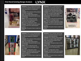 First Hand Existing Design Analysis

                     Aesthetics- This is a simple point of sale   Aesthetics- This is a interesting point of
                     in terms of aesthetics because it doesn’t    sale in terms of aesthetics because it
                     have many colours or complicated             incorporates a bag made by the same
                     designs.                                     company as the male grooming product.
                     Customer- The customer of this products      Customer- The customer of this products
                     would be a young male.                       would be a young to middle aged male.
                     Cost- This is a fairly cheep product.        Cost- This is a fairly cheep product.
                     Environment- This point of sale is in the    Environment- This point of sale is in the
                     isle of a shop.                              isle of a shop.
                     Safety- This is a safe point of sale         Safety- This is a safe point of sale because
                     because it has a casing around the           it is stable but it could get stolen.
                     product so it cant get stolen.               Size- This is a medium sized point of sale.
                     Size- This is a small point of sale.         Function- This point of sale has the ability
                     Function- This point of sale has no other    of allowing you to try the product before
                     functions apart from advertising the         buying it.
                     product.                                     Materials- This point of sale is made from
                     Materials- This point of sale is made from   plastic.
                     plastic.


                     Aesthetics- This is a very colourful point   Aesthetics- This is a boring point of sale
                     of sale in terms of aesthetics because it    in terms of aesthetics because it doesn’t
                     has different segments of different          have any interesting features.
                     colours.                                     Customer- The customer of this products
                     Customer- The customer of this products      would be a young to middle aged male.
                     would be a young male.                       Cost- These are fairly cheep to fairly
                     Cost- This is a fairly cheep product.        expensive products.
                     Environment- This point of sale is in the    Environment- This point of sale is in the
                     isle of a shop.                              isle of a shop.
                     Safety- This is a safe point of sale         Safety- This is a safe point of sale because
                     because it has no sharp edges and its        it is stable ad not in the way of the
                     very stable.                                 customers.
                     Size- This is a large point of sale.         Size- This is a large point of sale.
                     Function- This point of sale has no other    Function- This point of sale has the ability
                     functions apart from advertising the         of allowing you to try the product before
                     different products.                          buying it.
                     Materials- This point of sale is made from   Materials- This point of sale is made from
                     plastic.                                     metal and glass.
 