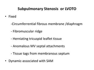 Subpulmonary Stenosis or LVOTO
• Fixed
-Circumferrential fibrous membrane /diaphragm
- Fibromuscular ridge
- Herniating tricuspid leaflet tissue
- Anomalous MV septal attachments
- Tissue tags from membranous septum
• Dynamic-associated with SAM
 