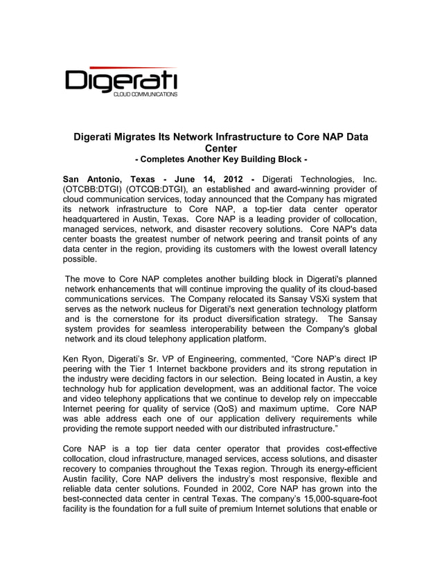Digerati Migrates Its Network Infrastructure to Core NAP Data Center PDF