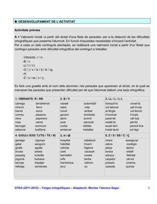  DESENVOLUPAMENT DE L’ACTIVITAT

Activitats prèvies

A  Valoració inicial -a partir del dictat d'una llista de paraules- per a la detecció de les dificultats
ortogràfiques que presenta l'alumnat. En funció d'aquestes necessitats s'iniciarà l'activitat.
Per a cada un dels continguts plantejats, es realitzarà una valoració inicial a partir d'un llistat que
contingui paraules amb dificultat ortogràfica del contingut a treballar.

      -Vibrants: r / rr.
      -B / v.
      -Ll / l / l·l.
      -G / j / x / ix / tj / tx / ig.
      -H.
      -Z / s / ss / c / ç.

Es farà una graella amb el nom dels alumnes i les paraules que apareixen al dictat, en la qual es
marcaran les paraules que presenten dificultat per tal que l'alumnat elabori una tarja ortogràfica.

1. VIBRANTS: R / RR                     2. B / V                      3. LL / L / L·L
càrrega           terratrèmol           vaixell       automòbil       tranquil·la             novel·la
cinturó            ferro                sabó          vida            col·laborar              pel·lícula
barret             sorra                núvol         arribar         al·lèrgia               col·lecció
conreu            pissarra              govern        bombeta         il·luminar              il·lusió
riera             paperera              abric         avorrit         paral·lel               cèl·lula
rosa              carrer                avet          advocat         metàl·lic               pàl·lid
taronger          somriure              corba        oblidar          excel·lent              penicil·lina
esborrar          botifarra             embenar      treballar        instal·lació            col·legi

4. G/GU/J /X/IX/ TJ/TG / TX / IG        5. H / Ø                      6. Z / S / SS / C / Ç
garatge          cigonya                hospital      habitació       cirera            assegurar
gelat            sanguini               habilitat     hivern          zebra             zoològic
girafa           agulla                 vehicle       higiene         plaça             alzina
bruixa           aixeta                 coet          cacauet         bossa             cistell
passeig          motxilla               hemisferi     orxata          adreça            felicitat
joguina          butxaca                orfe          herba           caçador           cérvol
taronja          trepitjar              harmònica     tothom          pressió           cinema
rellotge         xemeneia               avui          ou              cassola           quinze




GTEA (2011-2012) – Targes ortogràfiques – Adaptació: Montse Talavera Seguí                                   3
 