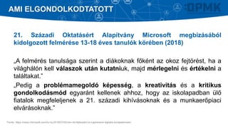 21. Századi Oktatásért Alapítvány Microsoft megbízásából
kidolgozott felmérése 13-18 éves tanulók körében (2018)
„A felmérés tanulsága szerint a diákoknak főként az okoz fejtörést, ha a
világhálón kell válaszok után kutatniuk, majd mérlegelni és értékelni a
találtakat.”
„Pedig a problémamegoldó képesség, a kreativitás és a kritikus
gondolkodásmód egyaránt kellenek ahhoz, hogy az iskolapadban ülő
fiatalok megfeleljenek a 21. századi kihívásoknak és a munkaerőpiaci
elvárásoknak.”
AMI ELGONDOLKODTATOTT
Forrás: https://news.microsoft.com/hu-hu/2018/07/02/van-mit-fejleszteni-a-z-generacio-digitalis-kompetenciain/
 