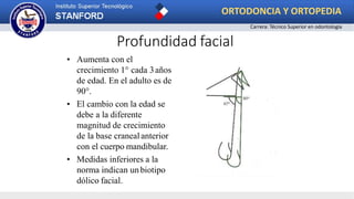 • Aumenta con el
crecimiento 1° cada 3años
de edad. En el adulto es de
90°.
• El cambio con la edad se
debe a la diferente
magnitud de crecimiento
de la base cranealanterior
con el cuerpo mandibular.
• Medidas inferiores a la
norma indican un biotipo
dólico facial.
Profundidad facial
ORTODONCIA Y ORTOPEDIA
Carrera: Técnico Superior en odontología
 