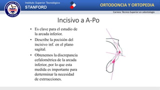 • Es clave para el estudio de
la arcada inferior.
• Describe la pocisión del
incisivo inf. en el plano
sagital.
• Obtenemos la discrepancia
cefalométrica de la arcada
inferior, por lo que esta
medida es importante para
derterminar la necesidad
de extrracciones.
Incisivo a A-Po
ORTODONCIA Y ORTOPEDIA
Carrera: Técnico Superior en odontología
 