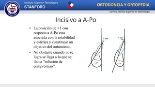 • La posición de +1 con
respecto a A-Po esta
asociada con la estabilidad
y estética y constituye un
objetivo del tratamiento.
• No obstante cuando nose
logra se llega a lo que se
llama “solución de
compromiso”.
Incisivo a A-Po
ORTODONCIA Y ORTOPEDIA
Carrera: Técnico Superior en odontología
 