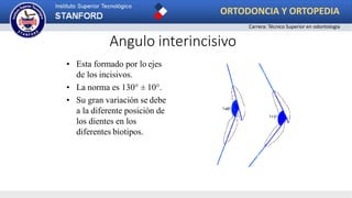 Angulo interincisivo
• Esta formado por lo ejes
de los incisivos.
• La norma es 130° ± 10°.
• Su gran variación se debe
a la diferente posición de
los dientes en los
diferentes biotipos.
ORTODONCIA Y ORTOPEDIA
Carrera: Técnico Superior en odontología
 