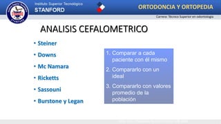 ANALISIS CEFALOMETRICO
• Steiner
• Downs
• Mc Namara
• Ricketts
• Sassouni
• Burstone y Legan
1. Comparar a cada
paciente con él mismo
2. Compararlo con un
ideal
3. Compararlo con valores
promedio de la
población
Uribe G.A. Ortodoncia Teoría y Clínica CIB 2004
ORTODONCIA Y ORTOPEDIA
Carrera: Técnico Superior en odontología
 