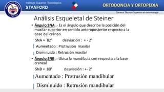 Análisis Esqueletal de Steiner
• Ángulo SNA .- Es el ángulo que describe la posición del
maxilar superior en sentido anteroposterior respecto a la
base del cráneo
SNA = 82° desviación : + - 2°
Aumentado : Protrusión maxilar
Disminuido : Retrusión maxilar
• Ángulo SNB .- Ubica la mandíbula con respecto a la base
craneal
SNB = 80° desviación : +- 2°
Aumentado : Protrusión mandibular
Disminuido : Retrusión mandibular
ORTODONCIA Y ORTOPEDIA
Carrera: Técnico Superior en odontología
 