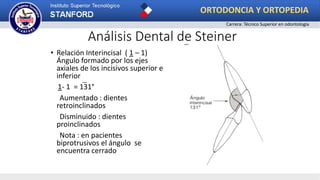 Análisis Dental de Steiner
• Relación Interincisal ( 1 – 1)
Ángulo formado por los ejes
axiales de los incisivos superior e
inferior
1- 1 = 131°
Aumentado : dientes
retroinclinados
Disminuido : dientes
proinclinados
Nota : en pacientes
biprotrusivos el ángulo se
encuentra cerrado
_
_
ORTODONCIA Y ORTOPEDIA
Carrera: Técnico Superior en odontología
 
