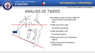 ANALISIS DE TWEED
Este ángulo, según el autor, indica de
manera clara el pronóstico del
caso:
FMA entre 16º y 28º:
Pronóstico excelente.
FMA entre28º y 32º:
Pronóstico bueno.
FMA entre 32º y 35: Pronóstico
regular.
FMA más de 35º: Pronóstico
desfavorable.
FMA
ORTODONCIA Y ORTOPEDIA
Carrera: Técnico Superior en odontología
 