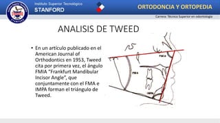 ANALISIS DE TWEED
• En un artículo publicado en el
American Journal of
Orthodontics en 1953, Tweed
cita por primera vez, el ángulo
FMIA “Frankfurt Mandibular
Incisor Angle”, que
conjuntamente con el FMA e
IMPA forman el triángulo de
Tweed.
ORTODONCIA Y ORTOPEDIA
Carrera: Técnico Superior en odontología
 
