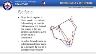 Eje facial
• El eje facial expresa la
dirección del crecimiento
del mentón y no cambia
prácticamente con la edad.
Por lo cual si hay un
cambio significativo debe
ser atribuido al
tratamiento.
• Su valor depende tanto de
la forma mandibular como
de la posición de esta en el
complejo cráneo facial
ORTODONCIA Y ORTOPEDIA
Carrera: Técnico Superior en odontología
 