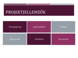 PROJEKTJELLEMZŐK
Tantárgyköziség Együttműködés Értékelés
Produktum HozzájárulásDifferenciálás
 