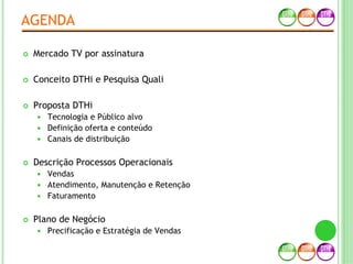 AGENDA
Mercado TV por assinatura
Conceito DTHi e Pesquisa Quali
Proposta DTHi
Tecnologia e Público alvo
Definição oferta e conteúdo
Canais de distribuição
Descrição Processos Operacionais
Vendas
Atendimento, Manutenção e Retenção
Faturamento
Plano de Negócio
Precificação e Estratégia de Vendas
 