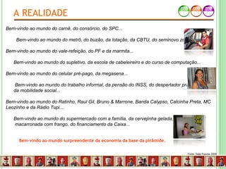 Bem-vindo ao mundo do carnê, do consórcio, do SPC...
Bem-vindo ao mundo do metrô, do buzão, da lotação, da CBTU, do seminovo zerado...
Bem-vindo ao mundo do vale-refeição, do PF e da marmita...
Bem-vindo ao mundo do supletivo, da escola de cabeleireiro e do curso de computação...
Bem-vindo ao mundo do celular pré-pago, da megasena...
Bem-vindo ao mundo do trabalho informal, da pensão do INSS, do despertador pras 5,
da mobilidade social...
Bem-vindo ao mundo do Ratinho, Raul Gil, Bruno & Marrone, Banda Calypso, Calcinha Preta, MC
Leozinho e da Rádio Tupi...
Bem-vindo ao mundo do supermercado com a família, da cervejinha gelada, da
macarronada com frango, do financiamento da Caixa...
Bem-vindo ao mundo surpreendente da economia da base da pirâmide.
A REALIDADE
Fonte: Data Popular 2009
 