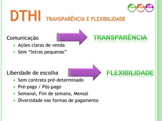 DTHIDTHI TRANSPARÊNCIA E FLEXIBILIDADETRANSPARÊNCIA E FLEXIBILIDADE
Comunicação
Ações claras de venda
Sem “letras pequenas”
Liberdade de escolha
Sem contrato pré-determinado
Pré-pago / Pós-pago
Semanal, Fim de semana, Mensal
Diversidade nas formas de pagamento
 