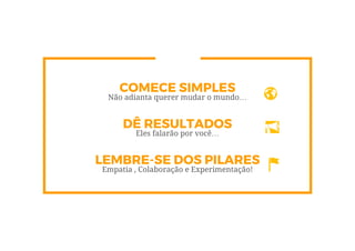 COMECE SIMPLES
Não adianta querer mudar o mundo…
LEMBRE-SE DOS PILARES
Empatia , Colaboração e Experimentação!
DÊ RESULTADOS
Eles falarão por você…
 