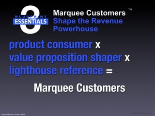 TM

                                          Marquee Customers
                                          Shape the Revenue
                                          Powerhouse

           product consumer x
           value proposition shaper x
           lighthouse reference =
                                       Marquee Customers

Copyright Blueprint Growth Institute
                                                                   ©David G. Thomson
 