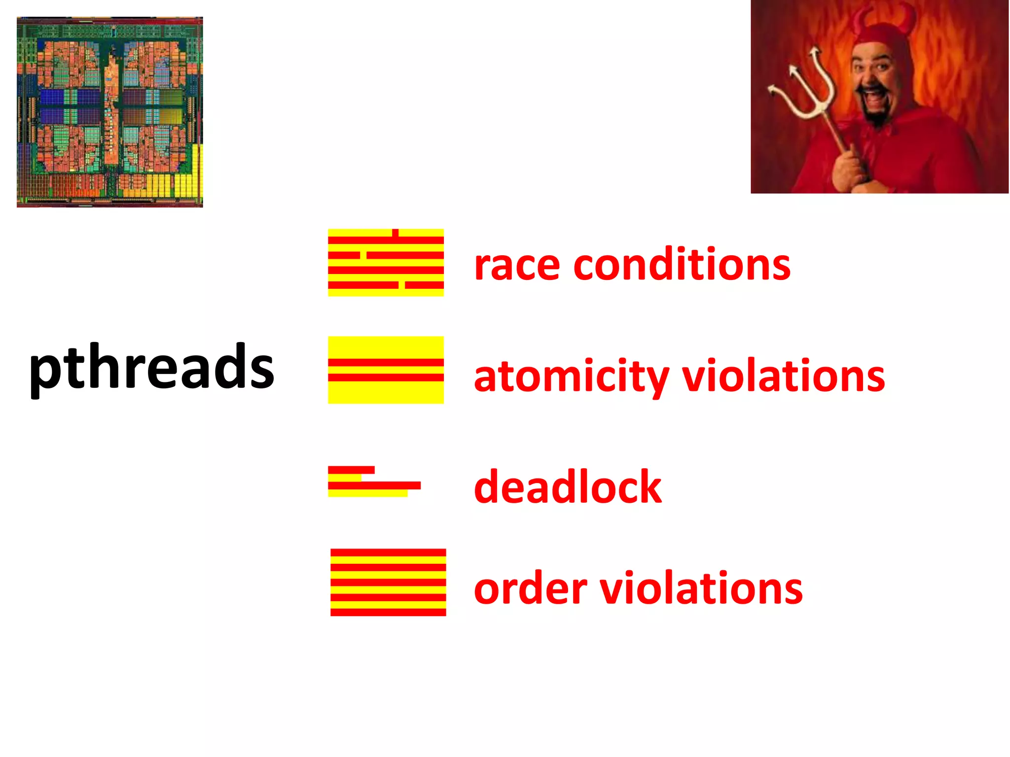 18
pthreads
race conditions
atomicity violations
deadlock
order violations
 