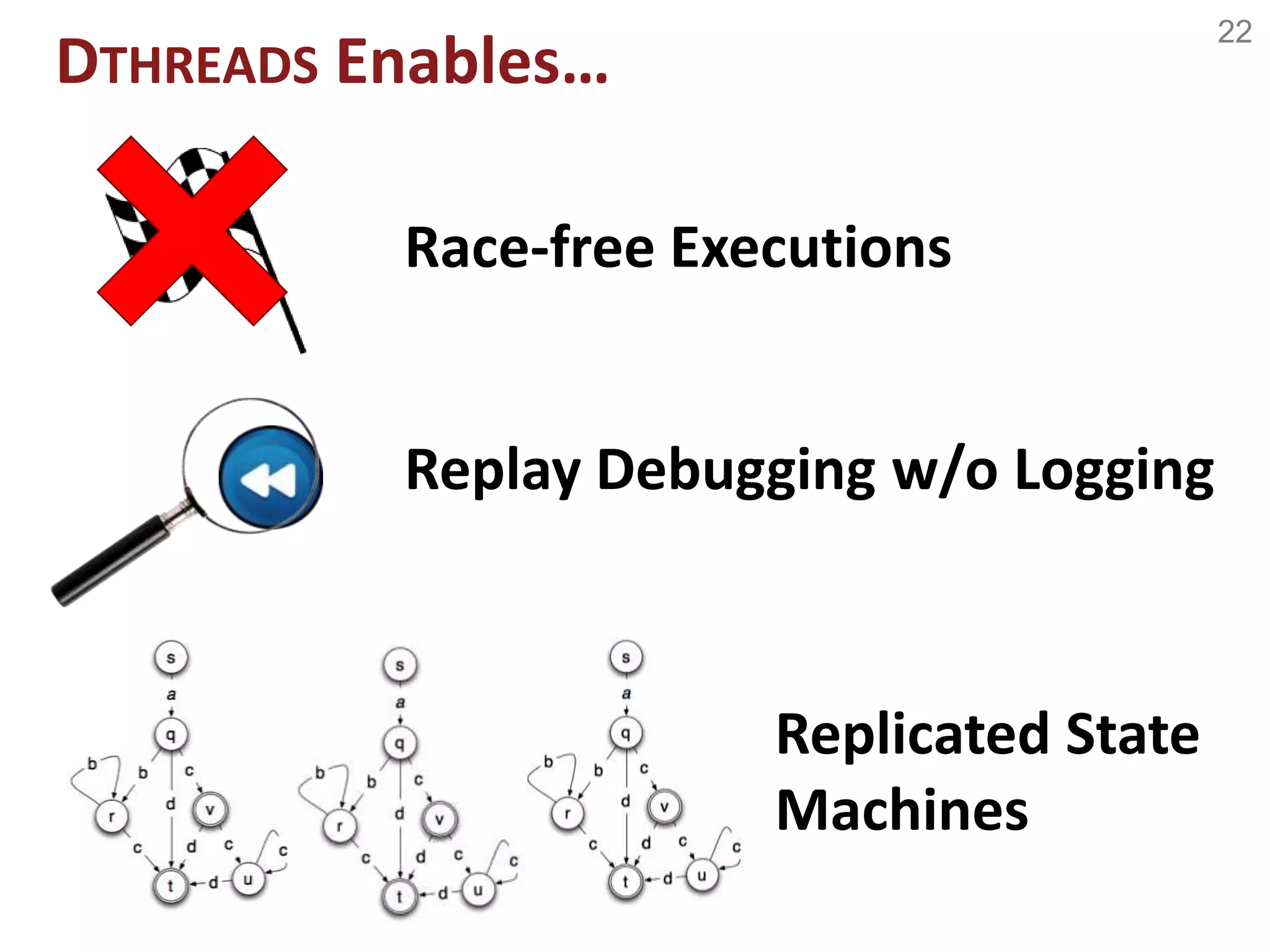 22
DTHREADS Enables…
Race-free Executions
Replay Debugging w/o Logging
Replicated State
Machines
 
