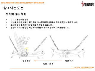 2012 ADIUTOR GAME DEVELOPMENT DOCUMENT


  강조되는 도전
    보이지 않는 대치
       갑자기 등장하는 발판
       게임을 승리로 이끌기 위한 중요 요소인 발판은 레벨 내 무작위 장소에 등장합니다.
       열쇠가 없는 플레이어는 발판을 파괴할 수 있습니다.
       발판이 파괴되면 일정 시간 후에 레벨 내 무작위 장소에 다시 등장합니다.




                  발판 등장                        발판 파괴
                                     일정 시간 후
                                                       LEVEL DEFENITION
 
