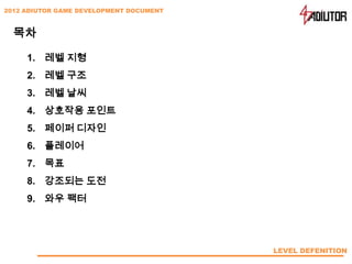 2012 ADIUTOR GAME DEVELOPMENT DOCUMENT



  목차

     1. 레벨 지형
     2. 레벨 구조
     3. 레벨 날씨
     4. 상호작용 포인트
     5. 페이퍼 디자인
     6. 플레이어
     7. 목표
     8. 강조되는 도전
     9. 와우 팩터




                                         LEVEL DEFENITION
 