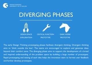 DESIGN THINKING
      UNIVERSITY OF ST. GALLEN




                   DIVERGING PHASES

                     DESIGN SPACE    CRITICAL FUNCTION        DARK HORSE
                    EXPLORATION         PROTOTYPE             PROTOTYPE



The early Design Thinking prototyping phases facilitate divergent thinking. Divergent thinking
aims to „think outside the box‟. The teams are encouraged to explore and generate ideas
beyond their comfort zone. The diverging phase aims to support the development of a broad
and inspired understanding of the problem space by building a large number of prototypes.
Rapid prototyping and testing of each idea helps the innovation team to harvest user feedback
and further develop prototypes.
 