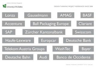 DESIGN THINKING PROJECT REFERENCES SINCE 2008




             DESIGN THINKING│UNIVERSITY OF ST. GALLEN
 