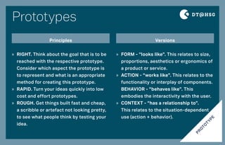 Prototypes
PRO
TO
TYPE
»» RIGHT. Think about the goal that is to be
reached with the respective prototype.
Consider which ...