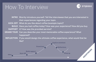 How To Interview
Shortly introduce yourself. Tell the interviewee that you are interested in
their experiences regarding your topic.
What do you like about coffee (example topic)?
Have you had coffee today? How was your experience? How did you buy
it? How was the provided service?
Can you describe your most memorable coffee experience? What
happened?
If you would design the ultimate coffee experience, what would that be
like?
INTRO
KICK-OFF
BUILD
RAPPORT
GRAND TOUR
REFLECTION
N
EED
FIN
D
IN
G
Intro
Kick-Off
Build rapport
Grand tour
Explore emotions
Reflections
Wrap up
 