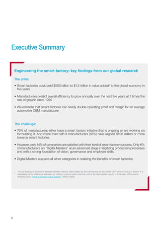 2
Executive Summary
Engineering the smart factory: key findings from our global research
The prize:
•	Smart factories coul...