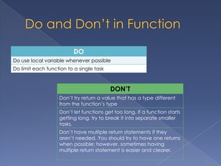 Example of Function Prototype	Format: function_typefunction_name(parameters);Example:void print_menu(void);double squared (double number);intget_menu_choice(void);